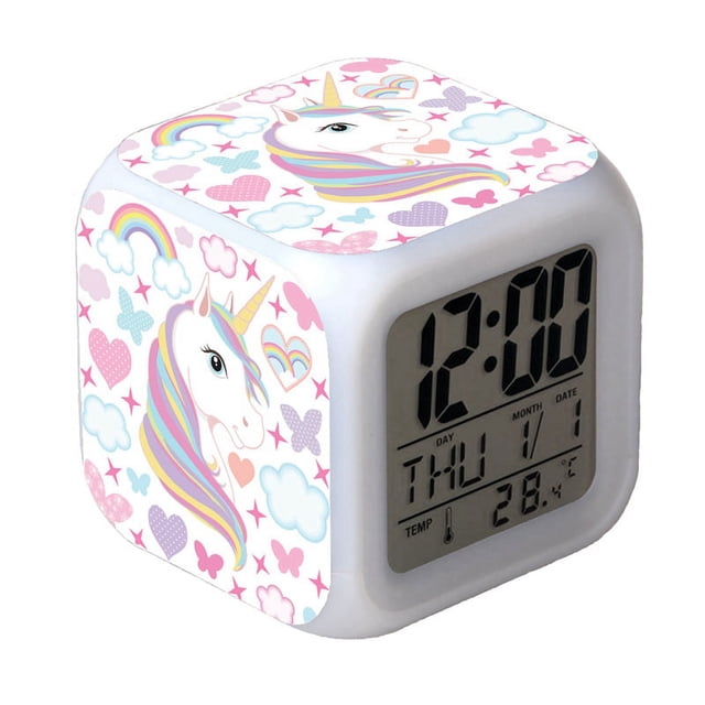 Despertador LED de unicornio que cambia de color con pantalla de temperatura