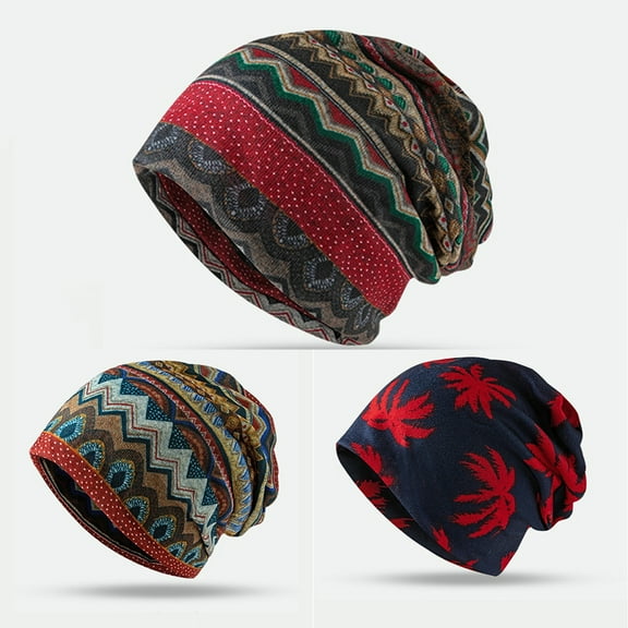 Soumake Unisex Winter Hat Vintage Ethnic Print Colorful Elastic Anti-slip Regular Fit Baggy Soft Warm Wide Band Colorfast Women Men Beanie