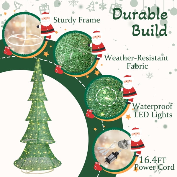 6FT Lighted Christmas Tree, 200 Warm White LEDs, Shimmering Waterproof Fabric for Indoor/Outdoor Living Room/Porch/Garden Decor