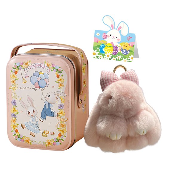 Easter Bunny Plush Keychain With Tin Box Soft Fluffy Rabbit Charm For Women Bag Car (Pink)