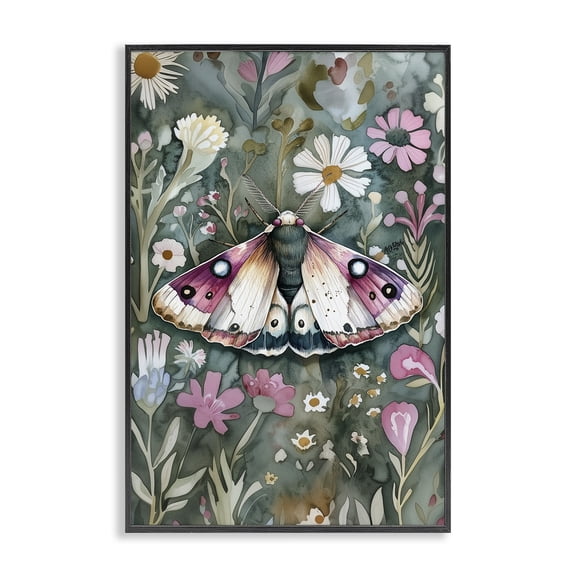 Stupell Industries Beautiful Moth over Florals Floral Painting Black Framed Art Print Wall Art, 12 x 18