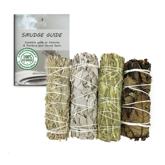 Soul Sticks 4 Pack Variety Sage Bundle Set with Blue Sage, White Sage, Green Sage and Black Sage Smudging Sticks with Smudge Guide