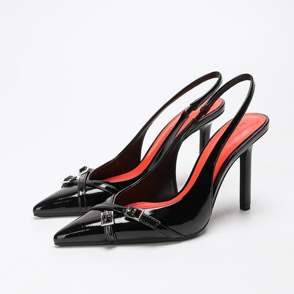 On feet & in love Women's Crinkled Patent Pointed Toe Slingback Heels - Crisscross Buckle Strap Stiletto Dress Pumps with Elastic Ankle Strap,Black