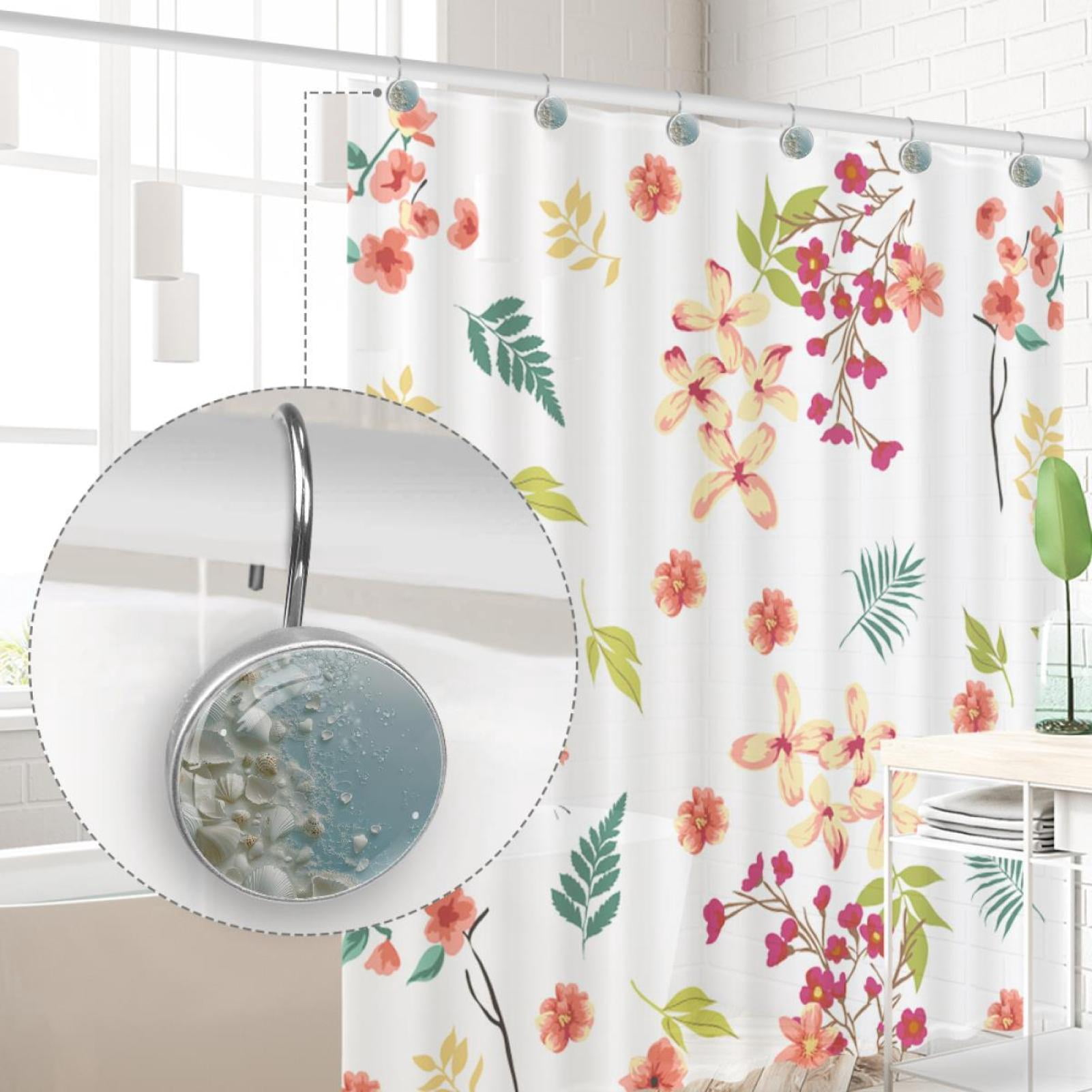 White Sea Shells Shower Curtain Hooks Round Crystal Glass, Set of 12 Shower Curtain Rings - Shower Hooks for Curtain Shower Rings