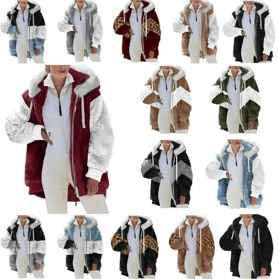 Abcnature Womens Fuzzy Fleece Jacket, Zip Up Plush Color Block Stitching Winter Jacket Coat, Warm Fleece Blanket Jackets for Women with Hood Outwear with Pockets Wine L