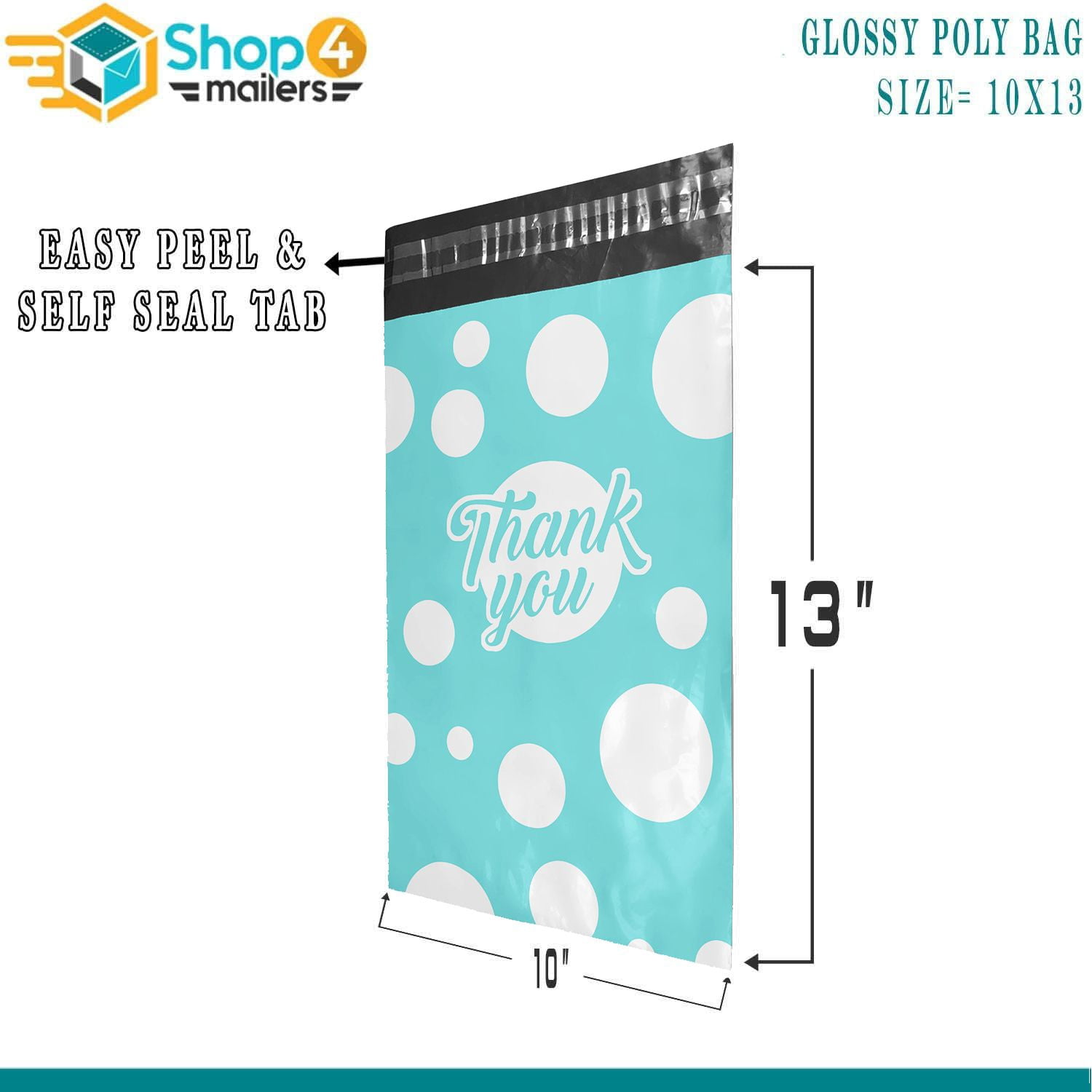 Shop4Mailers 10 x 13 Glossy Thank You Polka Dot Teal Poly Bag Mailer Envelopes 2 Mil 100 Pack