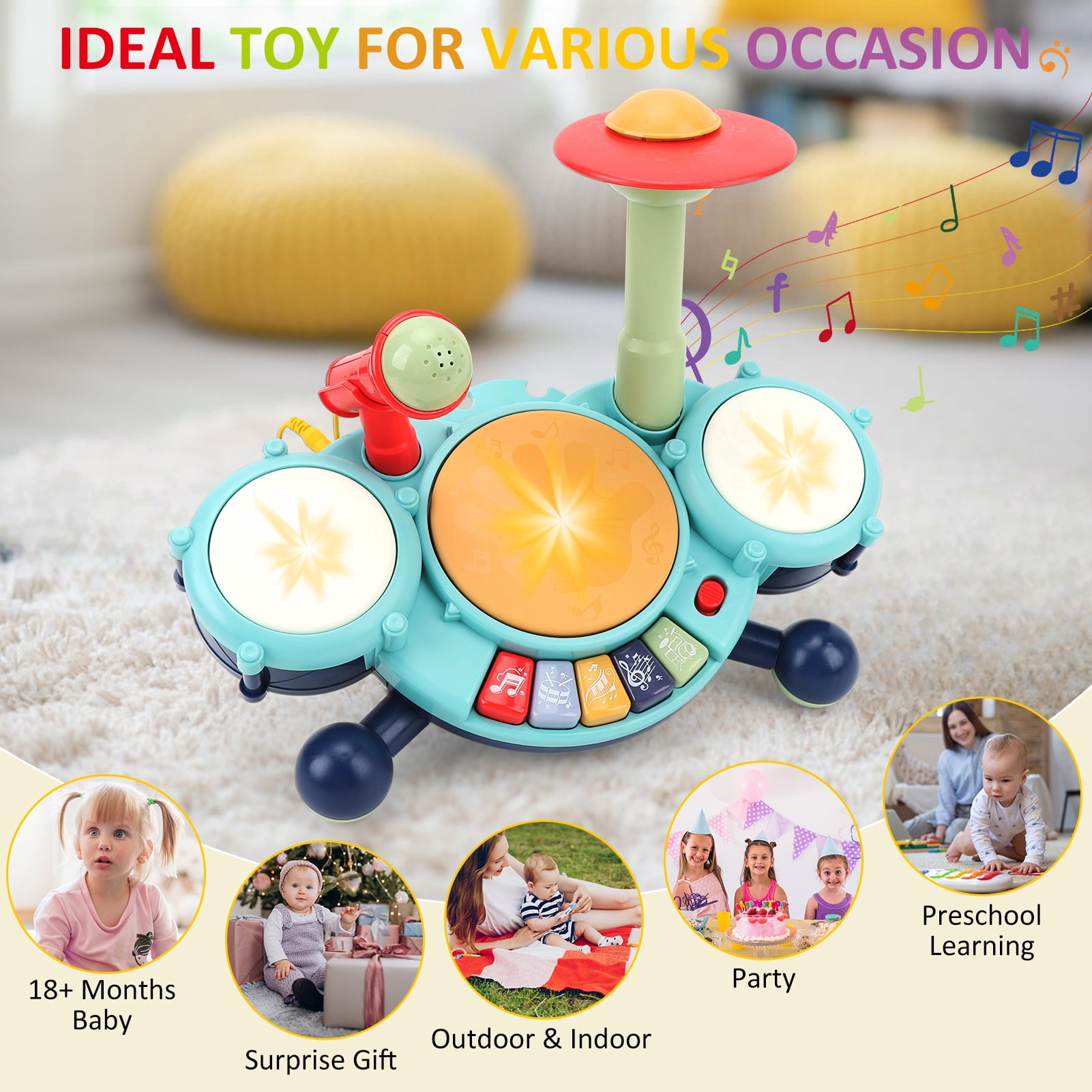 Drum Set with Microphone for Toddler 1-3 Baby Musical Toys Drum Piano Musical Instrument Learning Toys Gift for Boys Girls Age 2-5