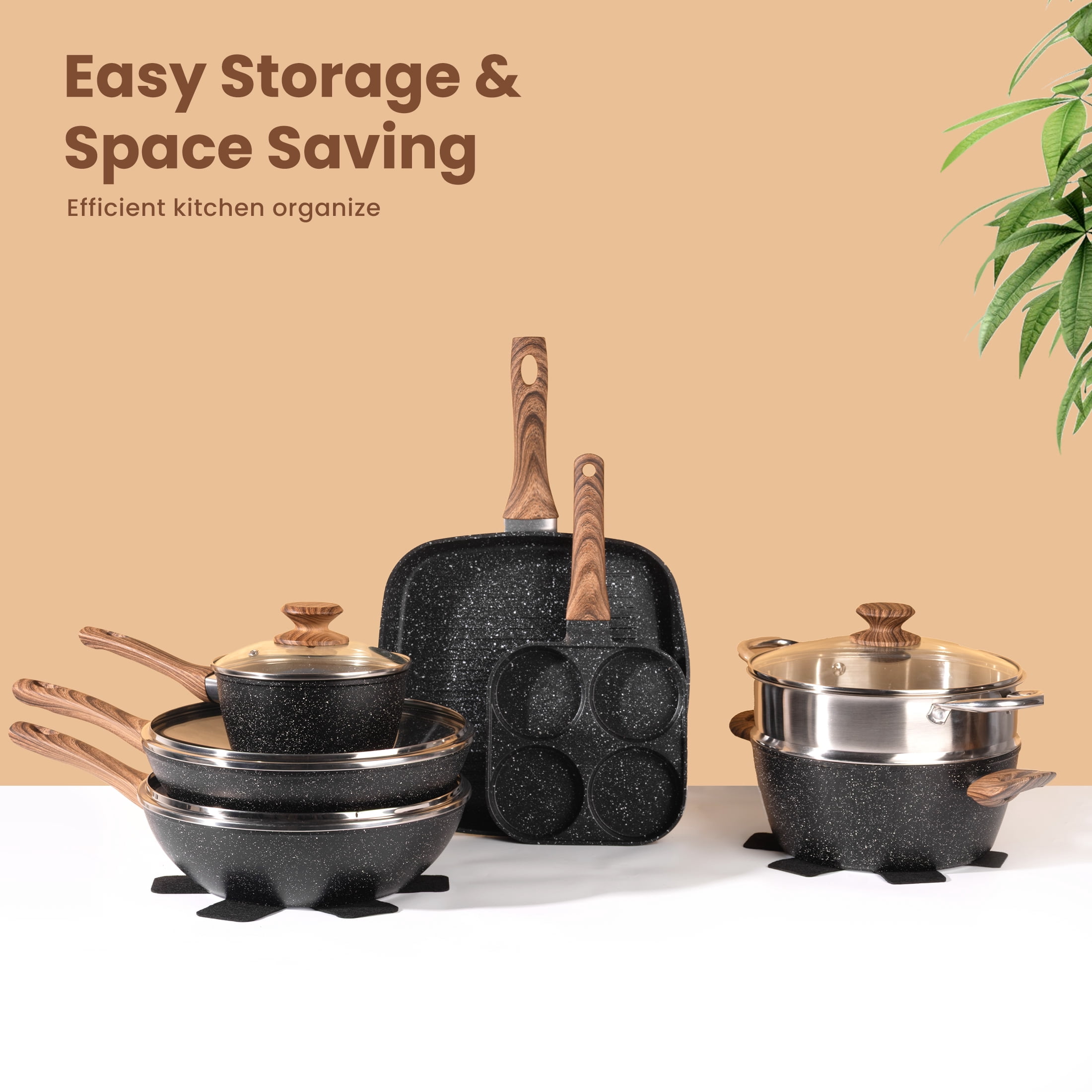 edx 17pcs Non-Stick Cookware Set, Pots and Pans Set with Detachable Handle for Kitchen, Black