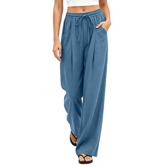 Lmueinov Wide Leg Pants for Women 100% Cotton Flowy Palazzo Drawstring Elastic Waist Trousers with Pockets Summer Fall Beach Vacation Clothes
