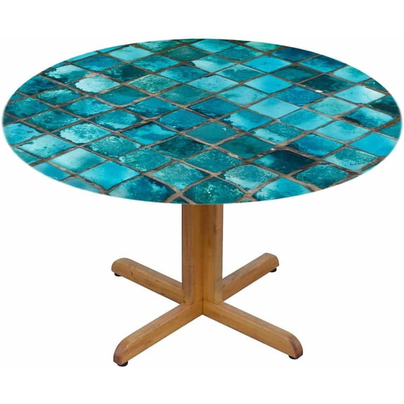 Square Glass Mosaic Round Table Cloth Turquoise Blue Asian Temple Wall Elastic Edged Table Cover Fade and Stain Resistant Table Cloths Easy to Clean Fits Tables 40-44" Diameter