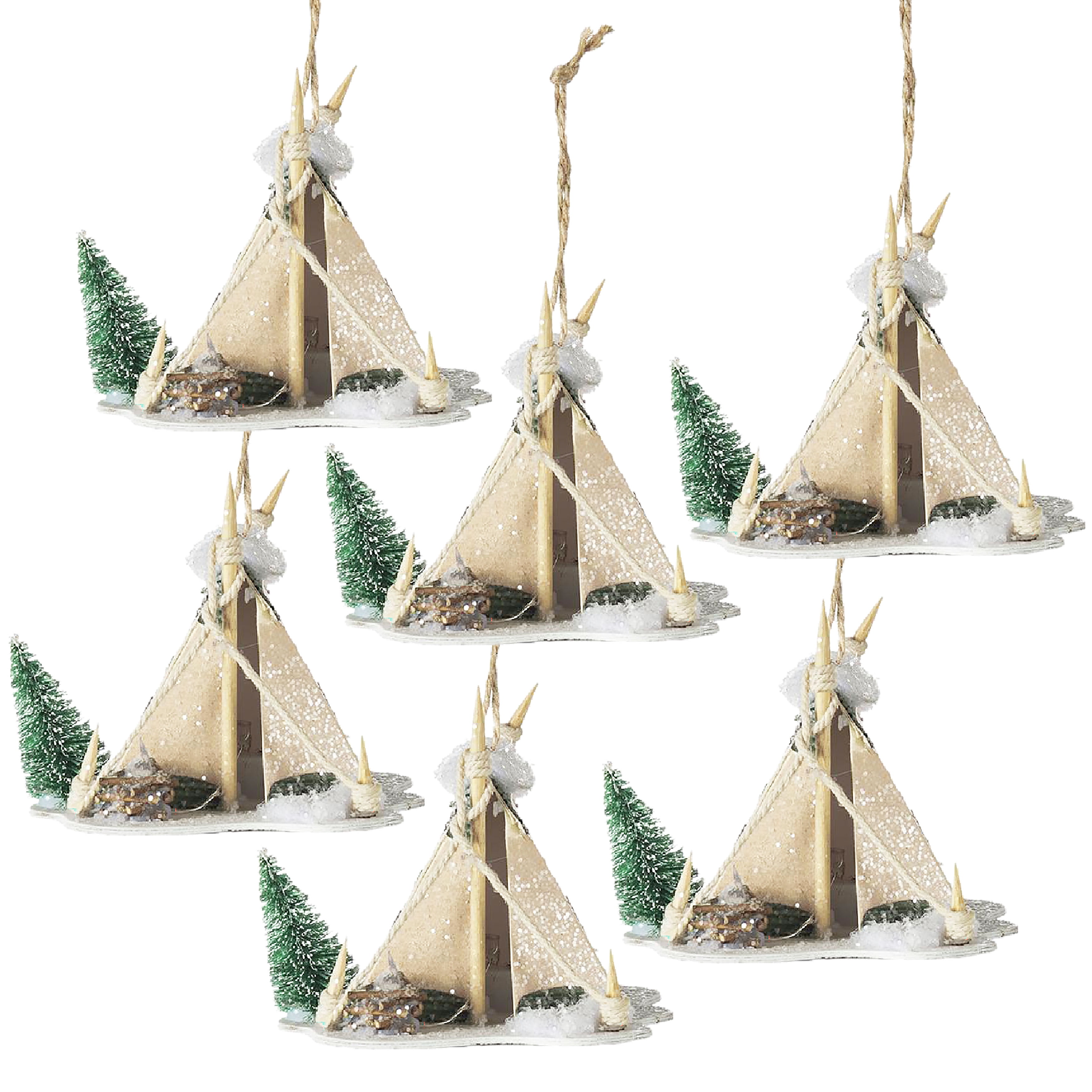 Set of 6 Cardboard Lit Tent Christmas Ornaments White Style Tree Decor Gift