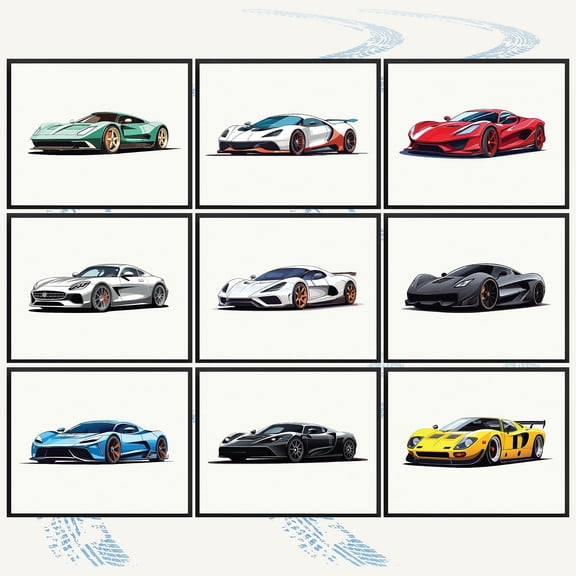 97 Decor Sports Car 8x10 Boys Room Poster Set, 9 Pieces