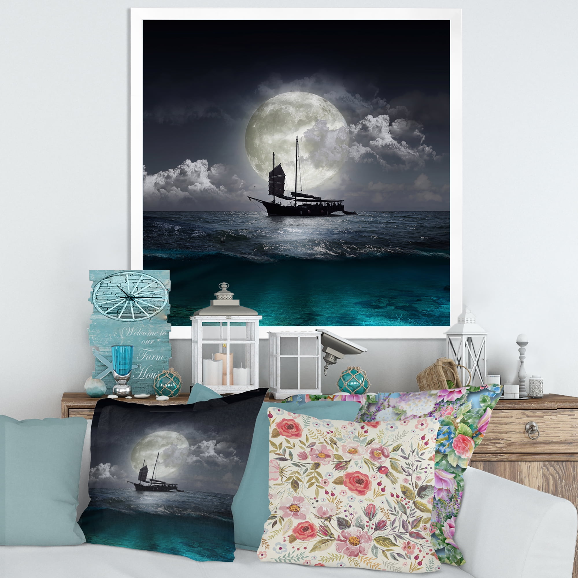 The Lake During Full Moon With Fisher Boat 16 in x 16 in Framed Photography Canvas Art Print, by Designart