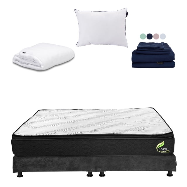 Colchón King Size Dicasa Enzo + Box + Almohada One + Protector Cloud + Sábanas Softy