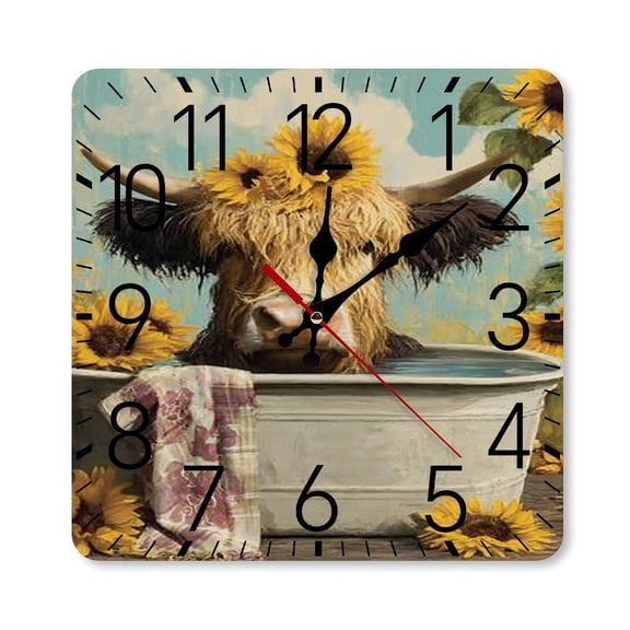 RKSupls 10×10inch Square Silent Wall Clock Wooden Frame, Sunflowers Cow Rustic Scale Decorative Clock for Home Bedroom Living Room Office
