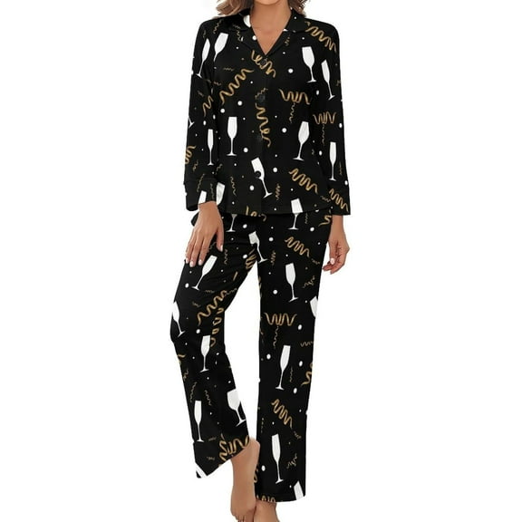 Top-kevin Women Long Sleeve Pajama Set Comfy Pjs Sets Black Gold Confetti 2 Piece Lounge Set