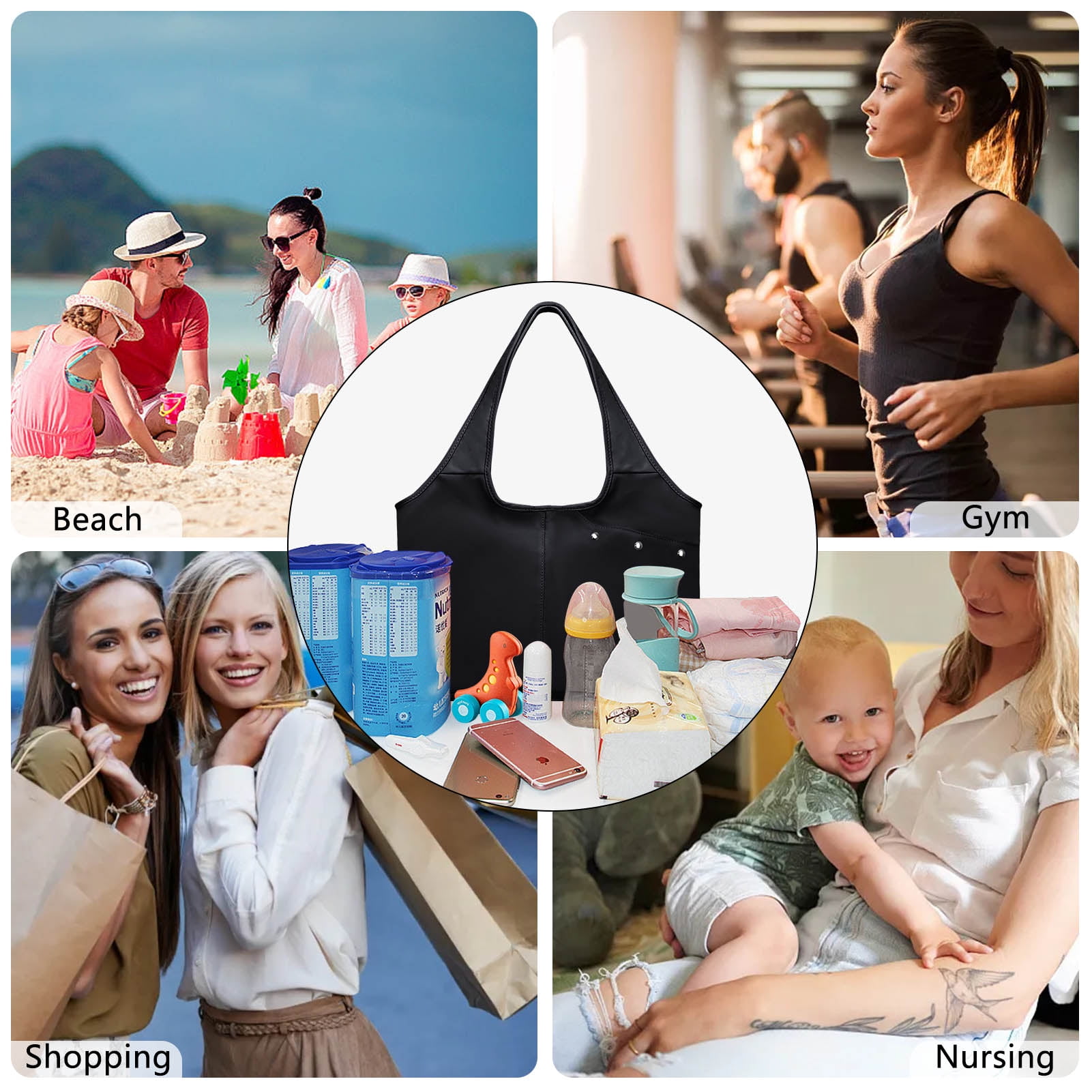 HAWEE Utility Shoulder Bag for Women Black Tote Purse with Wet Umbrella Pocket and Water Bottle Pocket Fits 13.3” Laptop