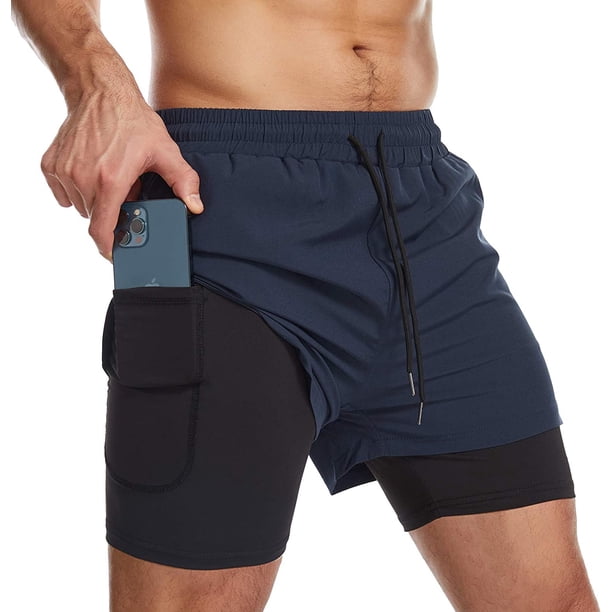 Xishao Shorts Hombre Deportivos 2 en 1 (2021 Actualización) Tela Secado Rápido Pantalones Cortos para Correr con Forro Licra de Bolsillo Incorporado Transpirable azul oscuro+negro XL azul oscuro+negroG Xishao ropa