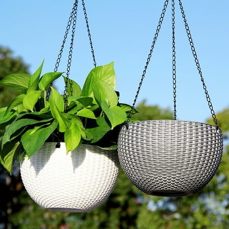 Lighted Hanging Baskets Round Resin Chain Basket Hanging Planter Rattan Flower Pot Self-watering Art Planter Plastic Resin Planting Tool Garden Supplies ()