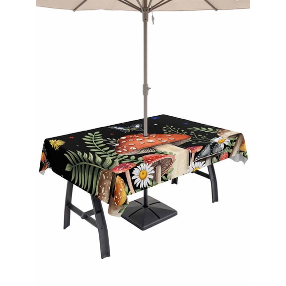 Spring Mushrooms Outdoor Tablecloth - 60x84 Inch Rectangle Dining Table Cover, Farmhouse Pastoral Botanical Stars Rustic Waterproof Outdoor Table Cloth with Umbrella Hole & Zipper for Picnic/Patio