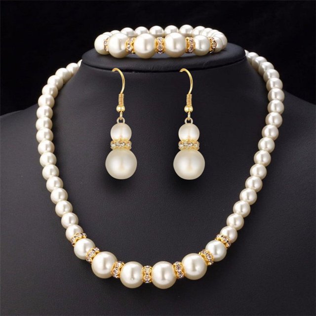 Conjunto de tres piezas de collar, pulsera y pendientes de perlas de imitación para novia, conjunto de accesorios para mujer