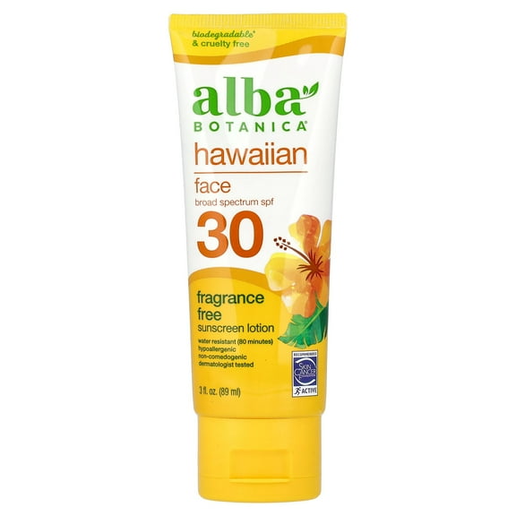 Alba Botanica Hawaiian Face Sunscreen Lotion, SPF 30, Fragrance Free, 3 fl oz (89 ml)