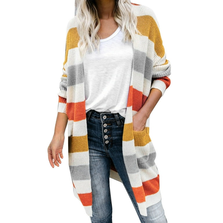 Open Front Cardigan Knit Womens Stripe Panel Sweater Cardigan Long Colorblock Pocket Knit Cardigan Womens Oversize Cardigans Oversized Cardigans