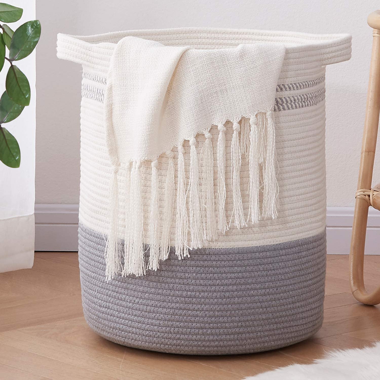 Extra Large Woven Storage Baskets Towels Coiled Round White Laundry Hamper with Handles Use for Sofa Throws Pillows 18 x 16 Decorative Blanket Basket Toys or Nursery Cotton Rope Organizer