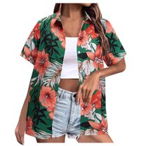 Fshinging Tops for Women Summer T Shirts Hawaiian Flower Print Vacation Beach Plus Size Short Sleeve Button Up Shirts Clothes 2025