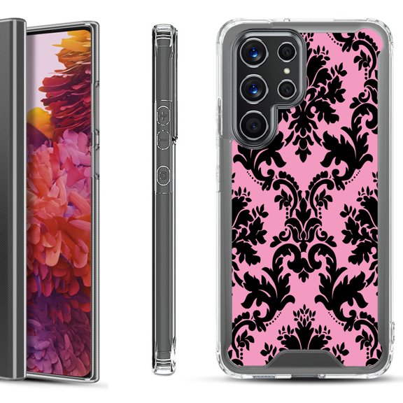 Shockproof Bumper Phone Case for Samsung Galaxy S22 Ultra 5G, by OneToughShield ® - Victorian Pink/Black