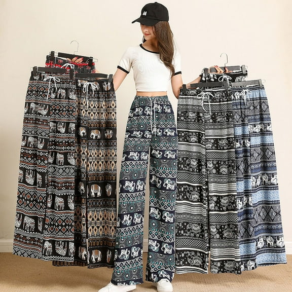 Print Women's Pants High Waist Woman Clothing Elephant Wide Leg Pants