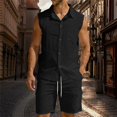 thumbnail image 2 of Mens Linen Sets 2 Piece Outfits Sleeveless Shirt And Shorts Set Vacation Outfit for Men Summer Beach Suits Button Down Tank Tops And Short Set Gym Tracksuits Black L, 2 of 5