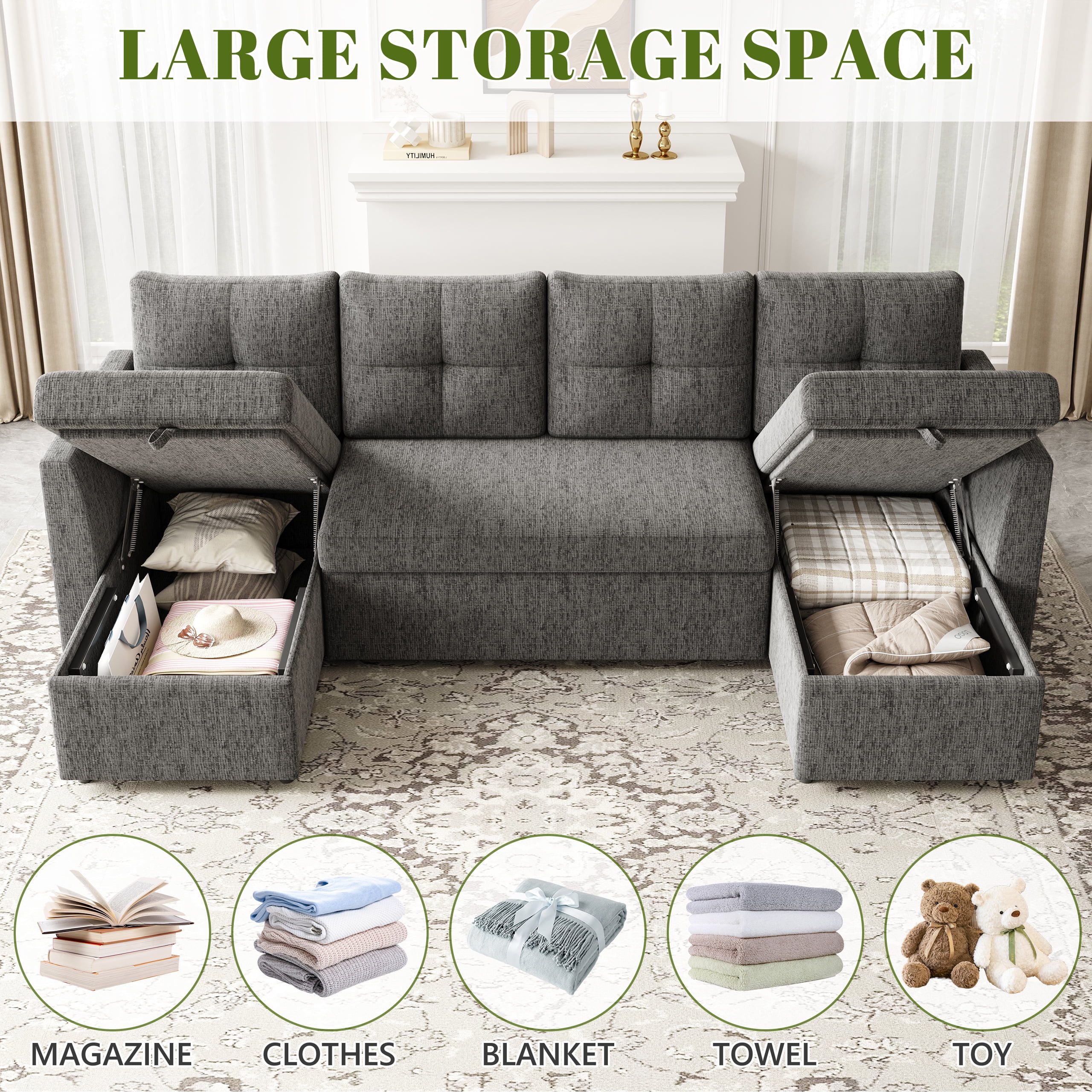 Mangodan 110 inch Sectional Oversized Sleeper Sofa with Side Pocket , Pullout Couch Bed with Double Storage Chaise, Dark Grey