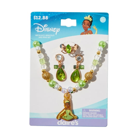Claire's Disney Princess and the Frog Tiana Gemstone Ring, Pearl Necklace, and Gmestone Earring Jewelry Set