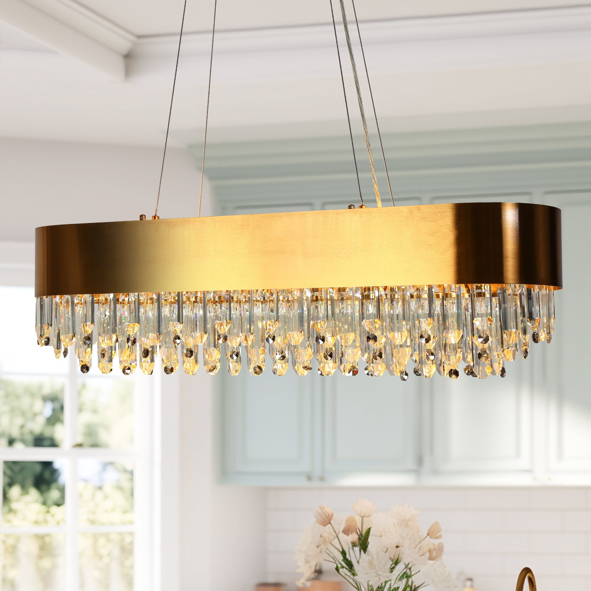 LNC Icarium 10 -Light Polished Gold and Crystal Glam Textured glass Geometric Large Hanging Kitchen island light