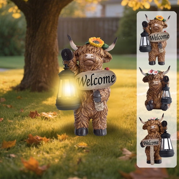 Celsvanis Solar Garden Statue Resin Highland Cow Figurine with Solar Powered Lantern Light, Outdoor Sculpture Decor for Yard Lawn Patio Backyard Landscape Ornament 7"x5"