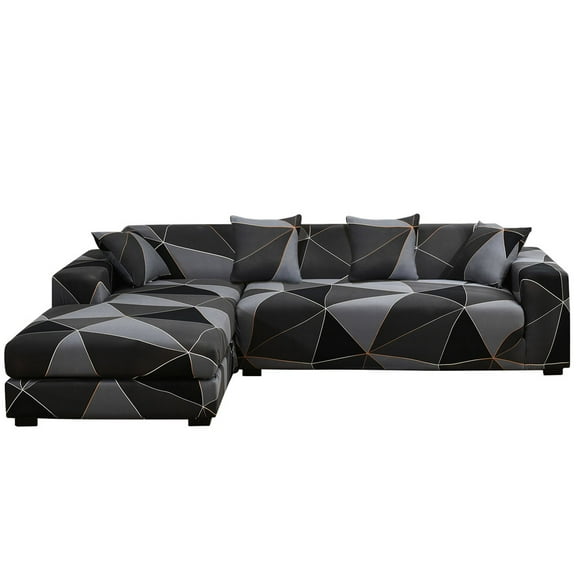 Sofa Covers for L Shape, 2pcs Polyester Fabric Stretch Slipcovers   2pcs Pillow Covers for Sectional sofa L-shape Couch - Black&Grey