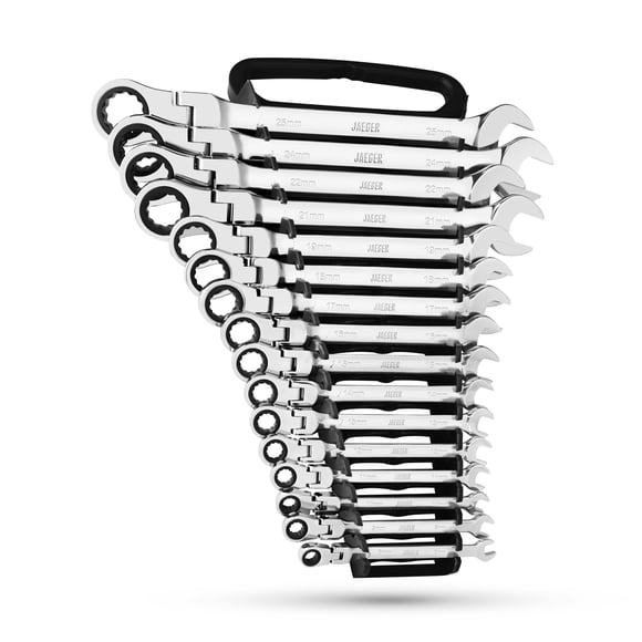 Juego de llaves Jaeger TIGHTSPOT Ratcheting, 16 piezas, cabezal flexible métrico