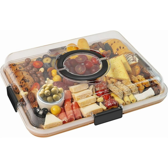 Charcuterie Board with Clear Lid, Travel Portable Cheese Board Charcuterie Boxes, House Warming Gifts New Home, Gifts for Women- 6 Compartments Black