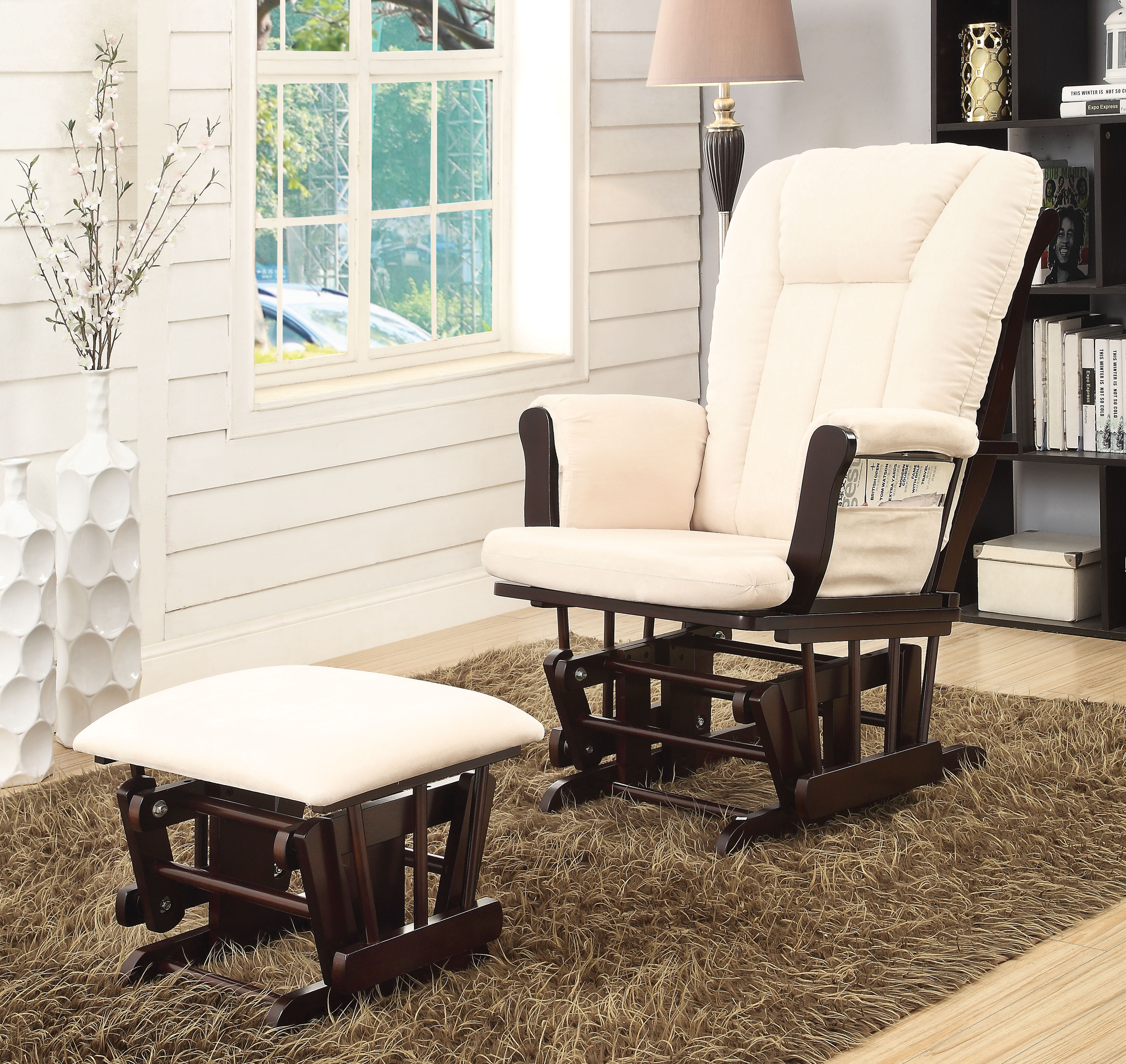Acme Paola 2Pc Pack Glider Chair & Ottoman, Beige Microfiber & Espresso-Finish:Beige Mfb & Espresso,Style:Transitional - image 2 of 2