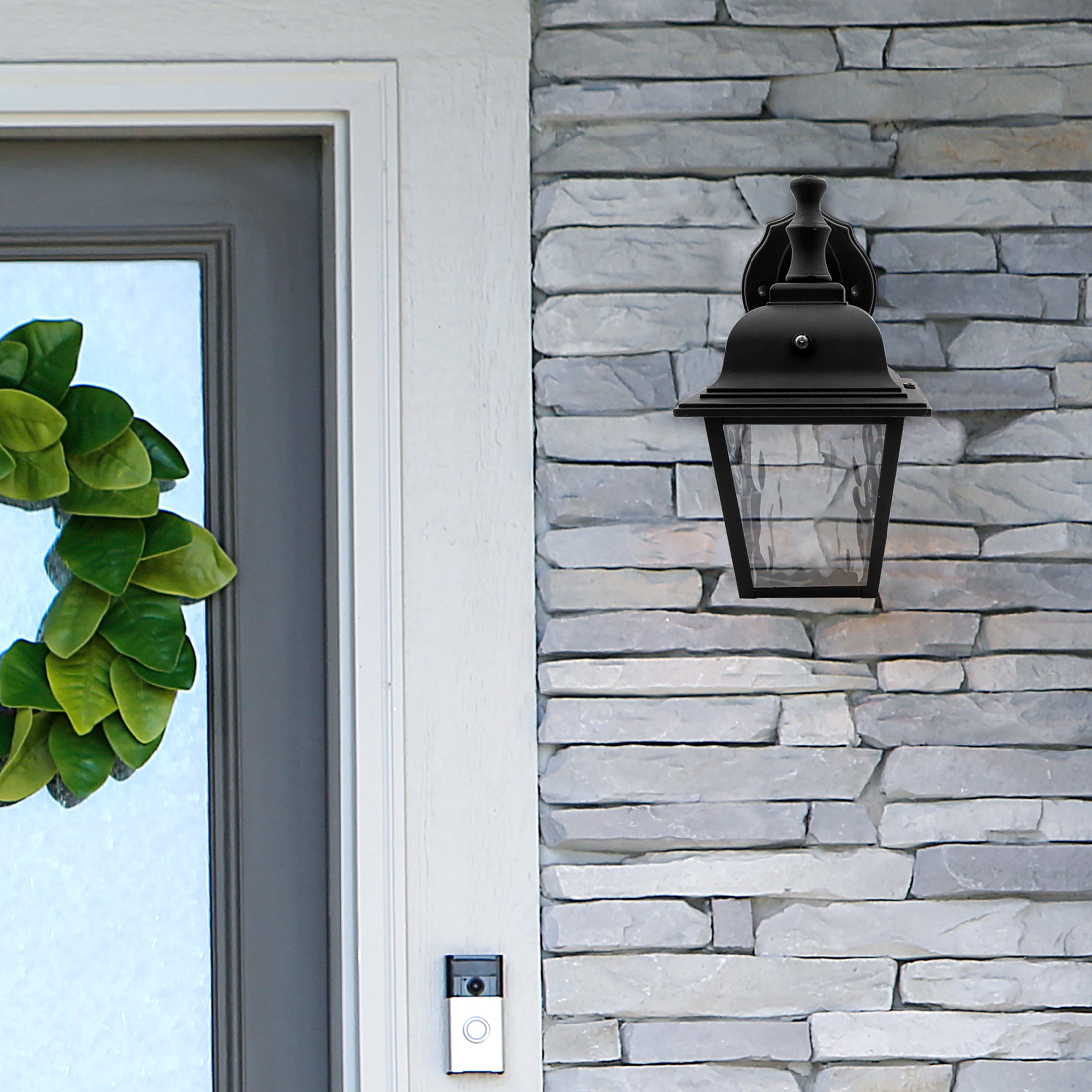 Maxxima LED Porch Lantern Black, Water Glass, Photocell Sensor, 875 Lumens, 3000K Warm White, Dusk to Dawn Sensor