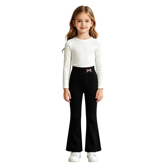 lnmuld Kids High Waist Flared Leggings with Small Bow Print Black,7-8 Years