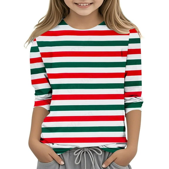 Iyufng Girls Tops 3/4 Sleeve T-Shirts Round Neck Children's Fashion Pullover Bottoming Boys and Girls Casual Printed Tees
