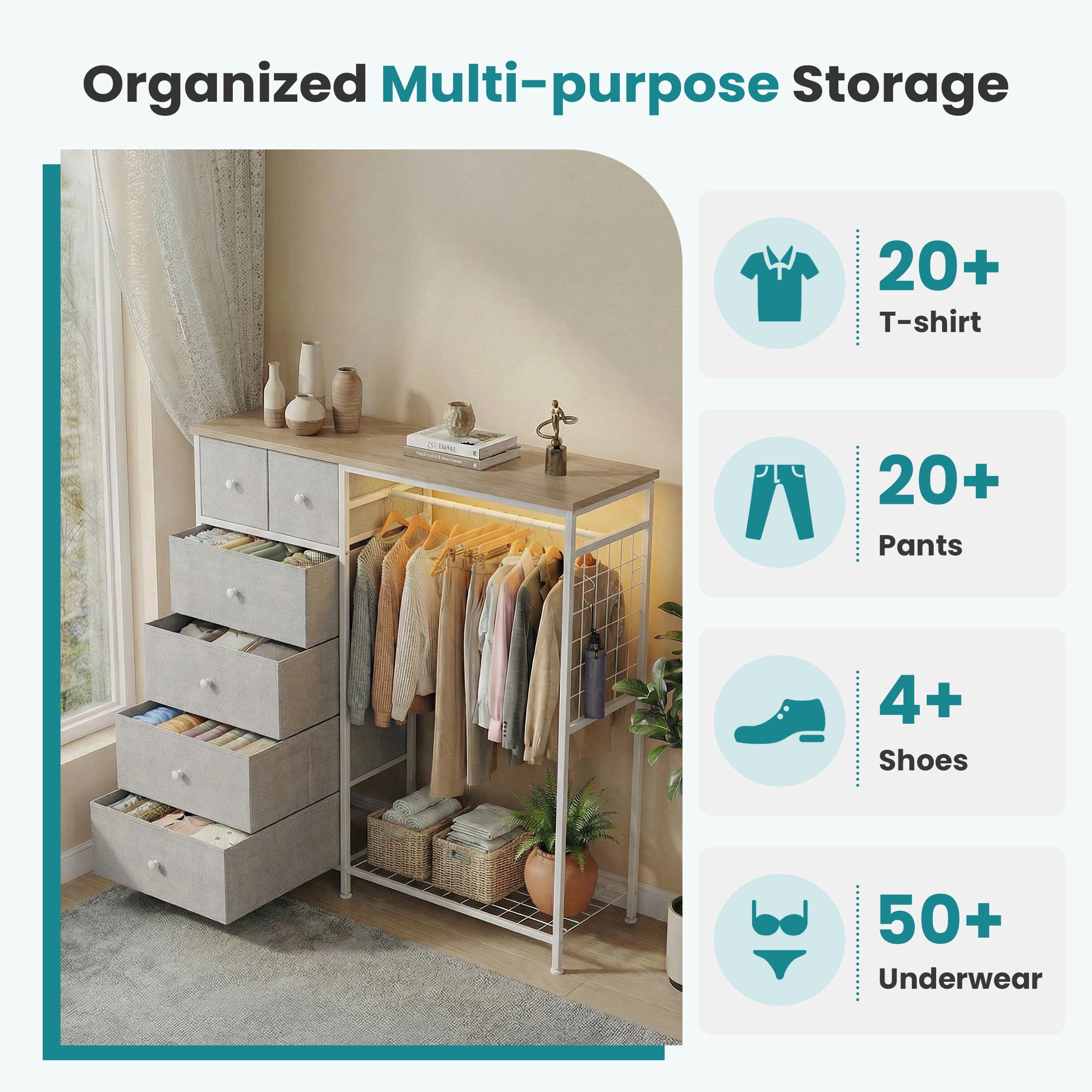 EDX 47.2" H Dresser for Bedroom with Hanging Rack, 6 Drawers Dresser with LED Lights & Charging Station, Fabric Dressers & Chest of Drawers with Rack, Wooden Top, Grid Panel,LightGray