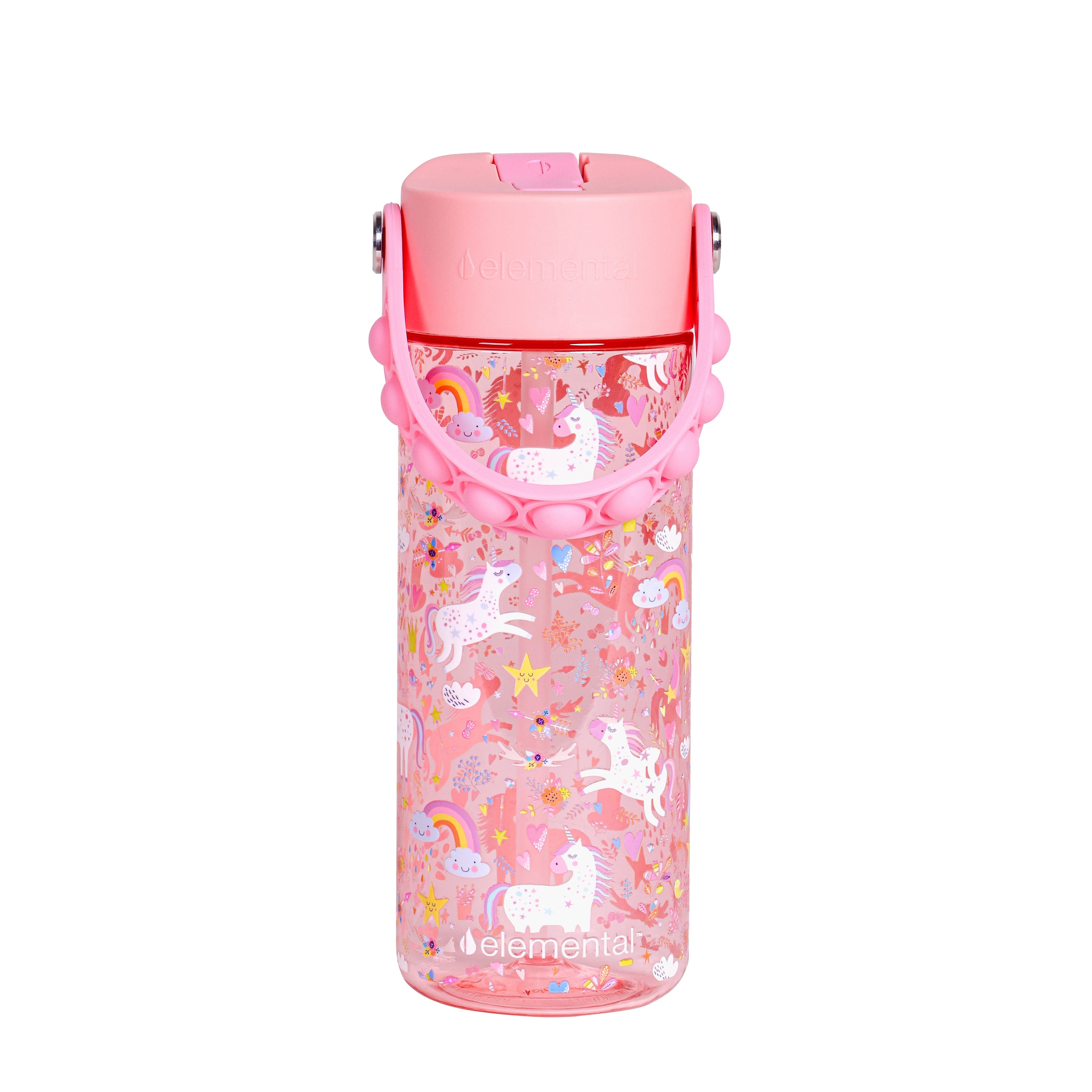 Elemental Splash Kids Water Bottle - Plastic Water Bottle - BPA Free - Leak Proof - Straw Lid - Pop-it Handle - Durable - For Girls, Boys & School Reusable Water Bottle - 18oz - Unicorn