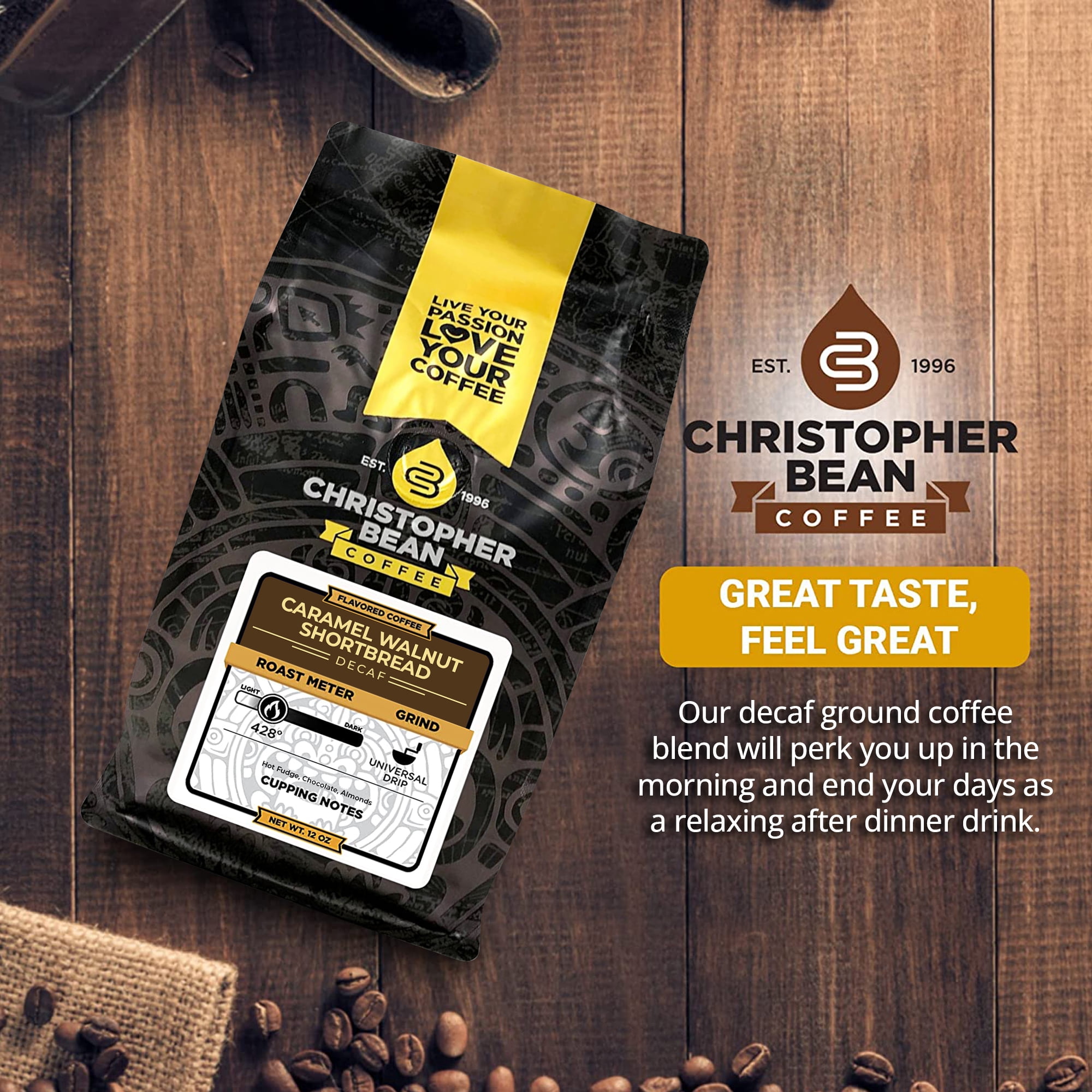 Christopher Bean Coffee- Caramel Walnut Shortbread Flavored Coffee, Decaf Coffee, 100% Arabica, Coffee Ground Medium Roast, No Sugar, No Fats, Made with Non-GMO Flavorings,12-oz Bag Ground Coffee Bean