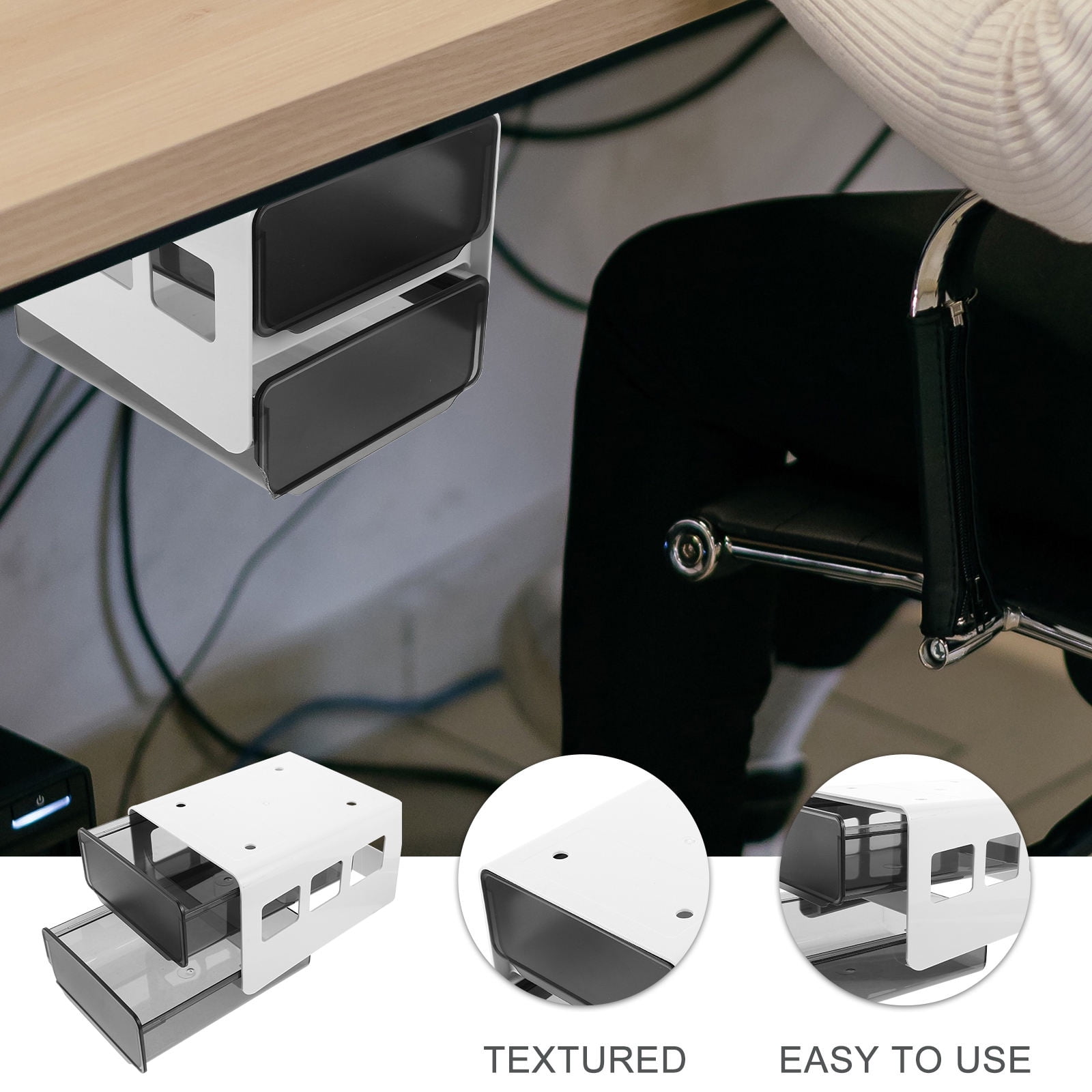 USHOBE Under Desk Organizer Drawer 1Pack Transparent Black White for Dormitory and Office