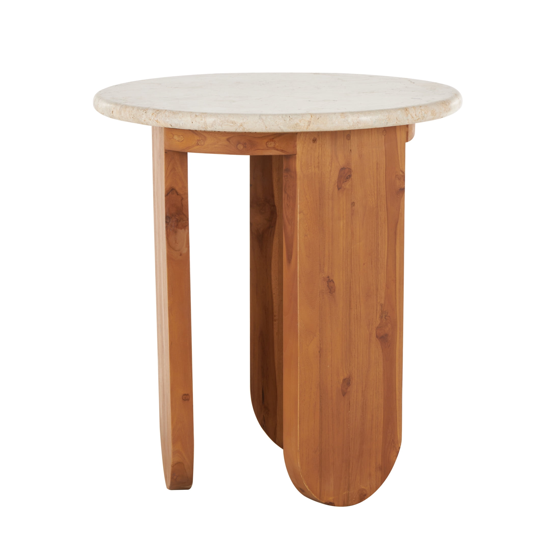 DecMode 20" x 22" Brown Teak Wood Handmade Accent Table with Beige Marble Tabletop, 1-Piece