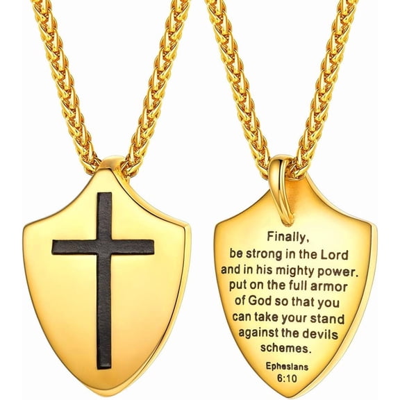 of God Necklace Ephesians 6:10, with Singapore Chain 22 Inch, 18K Real Gold Plated Stainless Steel Faith Cross Shield Pendant Necklace for Men and Women (Send Gift Box)