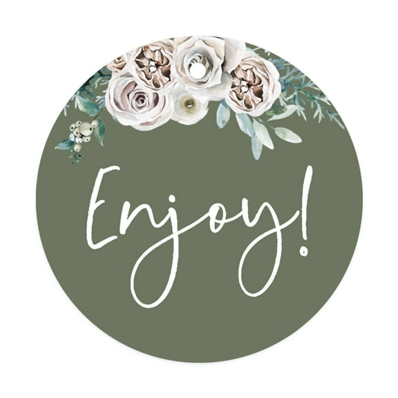 Koyal Wholesale Sage Green | Cream Floral Blossoms Fall Wedding, Round Circle Gift Tags, Enjoy!, 24-Pack